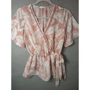 Sienna Sky Blouse Womens Small V-Neck Floral Faux Tie Wrap‎ Short Flutter Sleeve